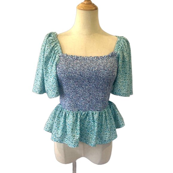 Free The Roses Smocked Floral Blouse Flounce Small Green Purple - Picture 2 of 10